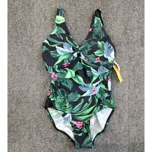 NWT Kona Sol Swimsuit One Piece Black Tropical Floral Print Side Ruching  M 8-10